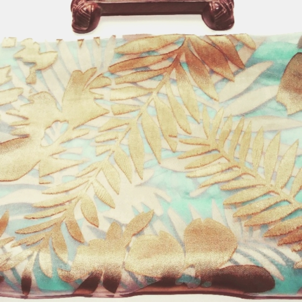 Kavita 100% Silk Aqua Painted Long Scarf In Teal, Sky Blue & Earth Tone Browns - Picture 7 of 15